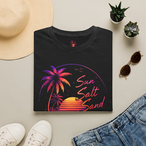 T-Shirt — Retro Sunset Palm "Sun Salt Sand" Beach Tee