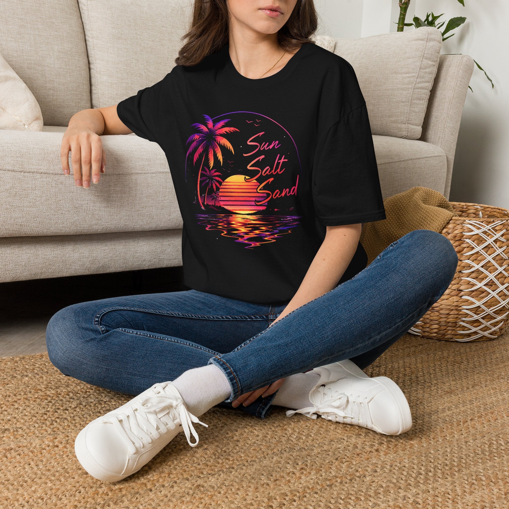 T-Shirt — Retro Sunset Palm "Sun Salt Sand" Beach Tee