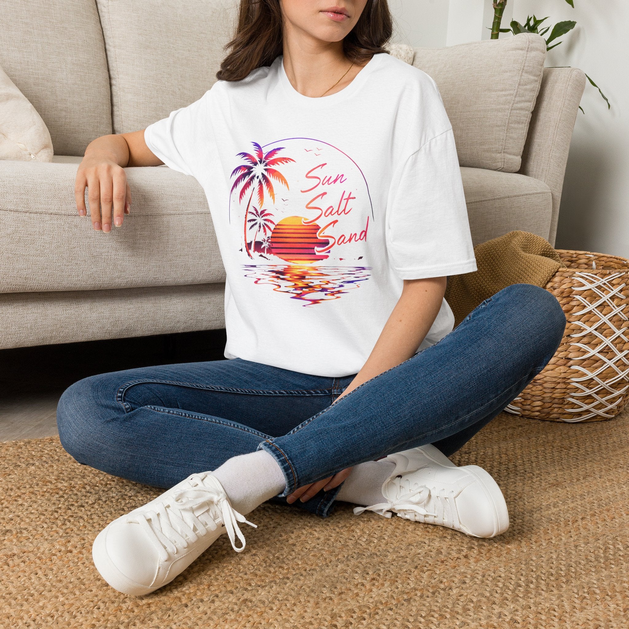T-Shirt — Retro Sunset Palm "Sun Salt Sand" Beach Tee