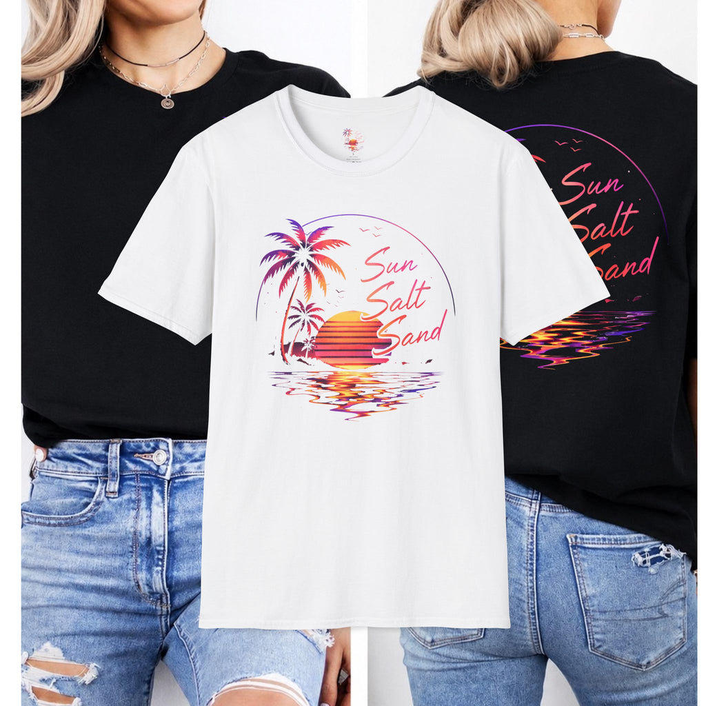 T-Shirt — Retro Sunset Palm "Sun Salt Sand" Beach Tee